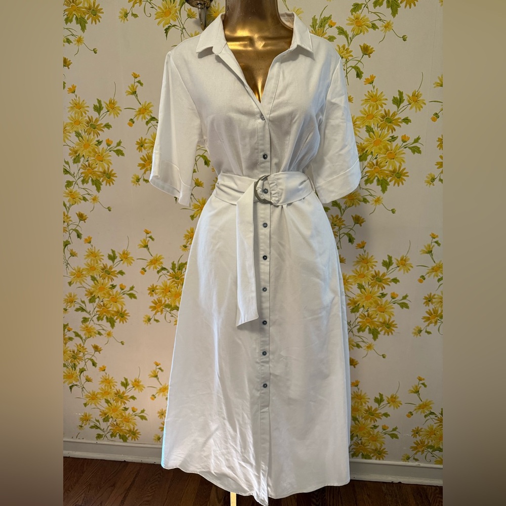 NWT White cotton and linen blend Midi Dress in white size M